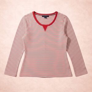 Tommy Hilfiger Womens Medium Red White Striped Long Sleeve Split Neck Top